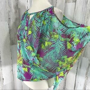 Jennifer‎ Lopez Green Blouse Top Shirt Could Shoulder Tropical Floral Sz S